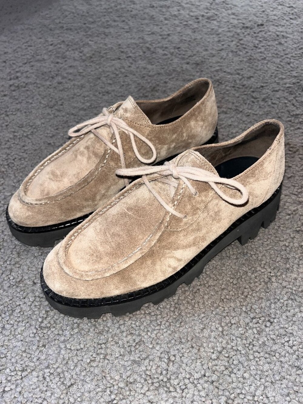 Paul Green Beige Suede Moc Toe Lace Up Platform Lug Sole Moccasin Oxfords UK 5
